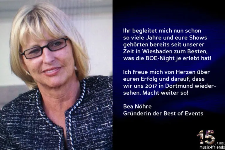 Glückwünsche zum 15-jährigen Jubiläum von music4friends und den Wegbegleitern.